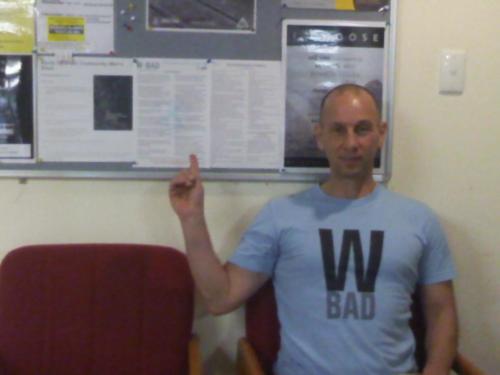 2018 - Wayne putting W-BAD pamplets on noticeboard at hopsital where he went through BZ withdrawal in Taranaki, NZ
