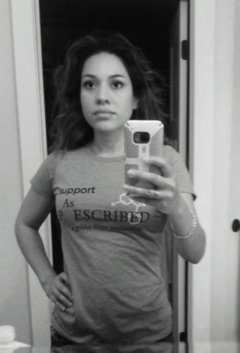 Jocelyn wearing her 'As Prescribed' documentary shirt in support of W-BAD