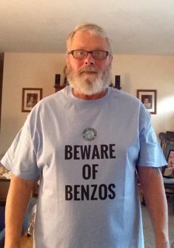 Sporting the Beware of Benzos shirt in grand fashion